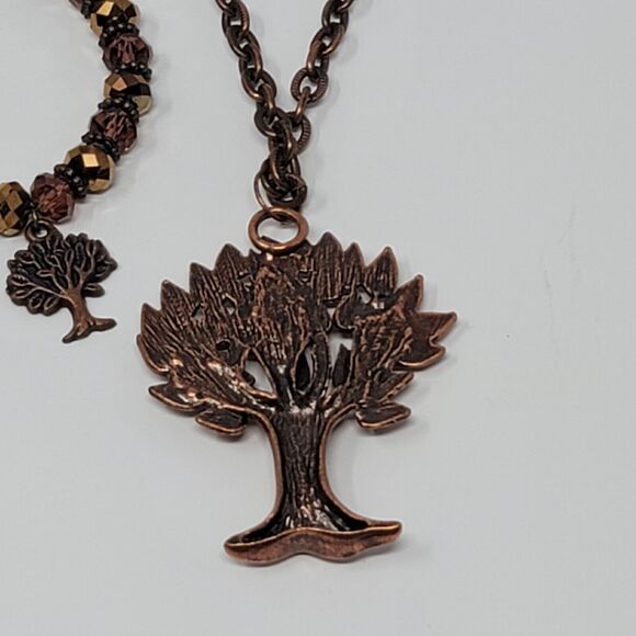 Tree of Life Necklace Bracelet Set Dark Coppertone Matinee Faceted Glass Beads - Picture 5 of 8